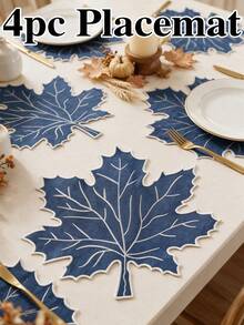 12pcs Thanksgiving Blue Maple Leaf Polyester Embroidered Placemats, Washable Tabletop Decor Pads, Waterproof And Oil-Resistant Table Mats, Table Protector Pads, Wear-Resistant And Non-Slip Table Mats, Easy To Store And Odorless, Suitable For Restaurants, Homestays, Festivals, Parties, Gatherings, Dinners - Multicolor - View 12