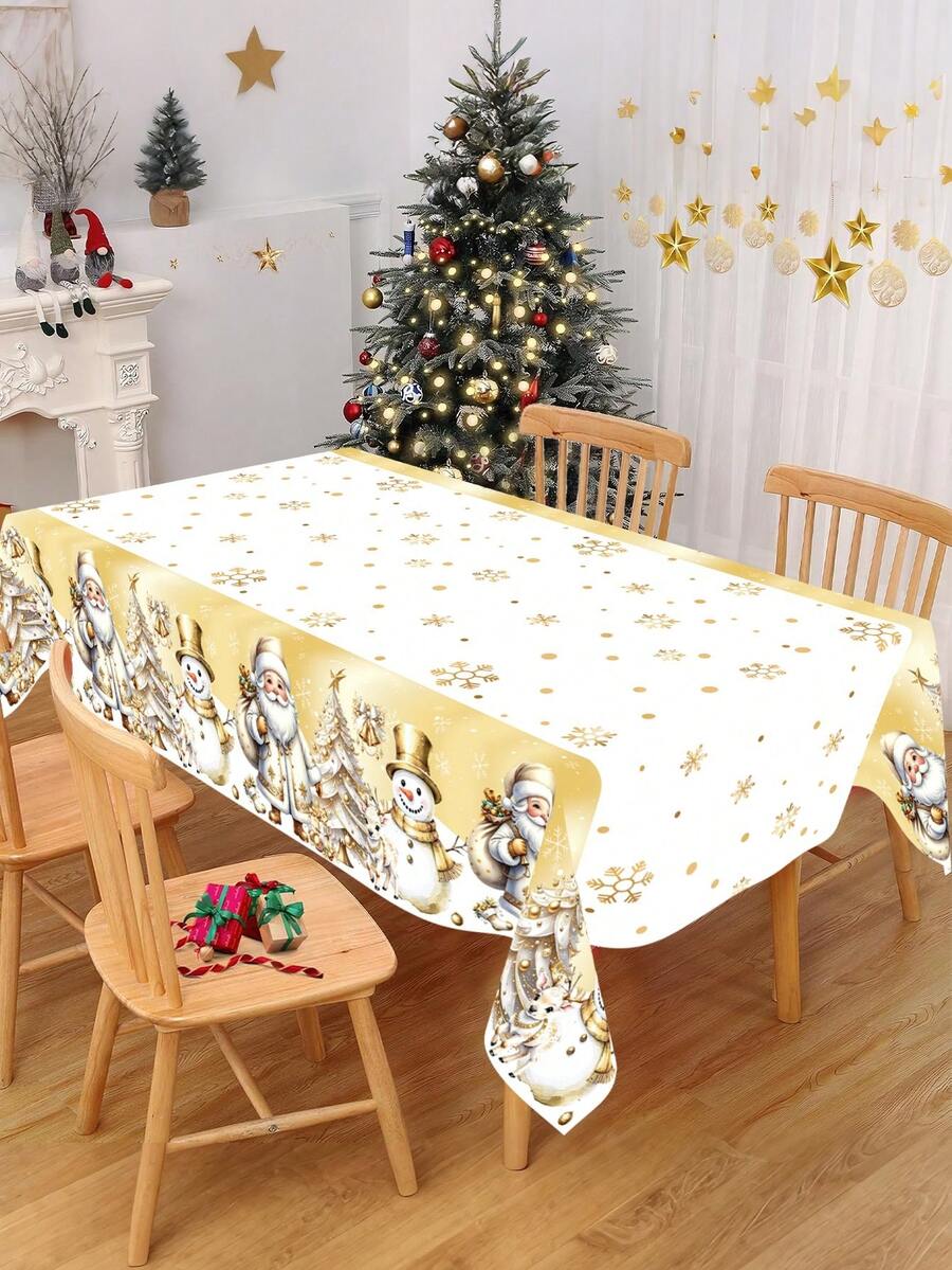 1件裝 220x130cm 聖誕快樂雪花與聖誕老人圖案一次性桌布 2026新年假期派對用品 居家聖誕裝飾