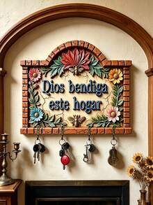 2D Flat Wooden Key Rack With Floral Home Blessing Hooks, Suitable For Wall, Porch, Room, Villa Decoration, Seasonal Home Decor Entryway Storage Display Rack - Multicolor - View 2