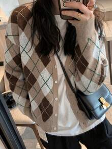 Casual V-Neck Retro Argyle Knit Cardigan - Mocha Brown - View 4