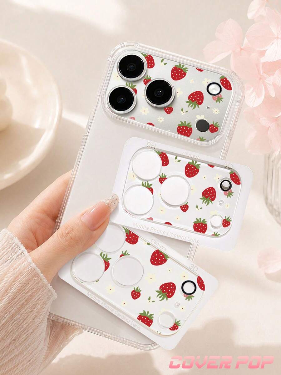 1pc Strawberry Pattern Lens Protector, Compatible With Phone 17 Pro/17 Pro Max, Cute & Exquisite Lens Decoration, Enhances Phone Overall Texture, More Atmosphere For Casual Photography, Tempered Glass High Definition Full Coverage, Scratch-Resistant & Wear-Resistant, Compatible With Phone Cases, Fashionable Small Gift For Girlfriend/Best Friend