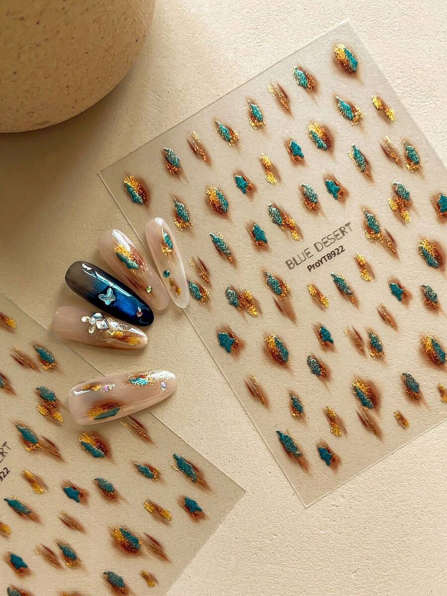 Stiker Kuku Motif Kuas Berwarna Biru-Hijau Berkilau Gaya Vintage, Pola Gradien Tekstur Lukisan Minyak, Stiker Kuku Mewah Gaya Cina, Stiker Dekoratif DIY - MultiWarna - View 1