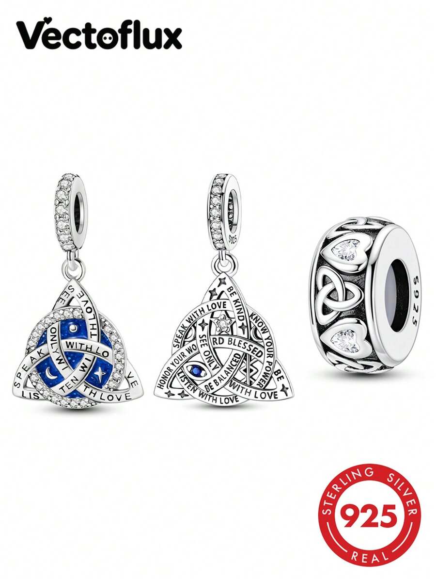 Vectoflux 1pc S925 Sterling Silver Celtic Knot Series Starry Sky Character Pendant, Suitable For Original Bracelet, Necklace, Keychain DIY Pendant Making, Women's Gift, Suitable For Birthday, Party, Holiday Gift - Silver - View 1