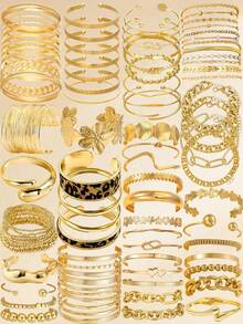30/25/20/10/5pcs Set Thick Line Stackable Geometric Knot, Flower, Chain, Beaded, Twisted, Heart, Leopard Print, Disc, Snake Bone Chain, Rhinestone, Faux Pearl, Minimalist Bracelets, Vintage, Holiday, Party, Bohemian Style - Yellow Gold - View 1