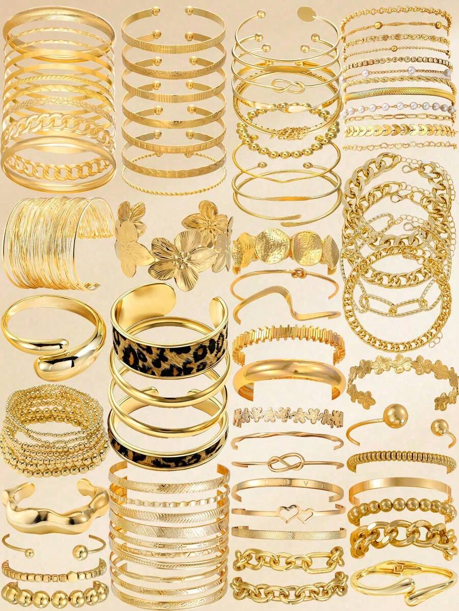 30/25/20/10/5pcs Set Thick Line Stackable Geometric Knot, Flower, Chain, Beaded, Twisted, Heart, Leopard Print, Disc, Snake Bone Chain, Rhinestone, Faux Pearl, Minimalist Bracelets, Vintage, Holiday, Party, Bohemian Style - Yellow Gold - View 1