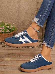 Women's Fashion Half-Slip-On Solid Color Sporty Lace-Up Metal Eyelet Flat Casual Shoes - Denim Blue - View 3