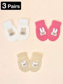 Tobelandyx 3 Pairs, 0-2 Years Old Baby Autumn/Winter Bear And Rabbit Embroidered Knitted Mittens, Toddler Baby Crawling Anti-Scratch Gloves, Suitable For Daily Casual Wear And Outdoor Cold Protection - 3 Pairs - View 3