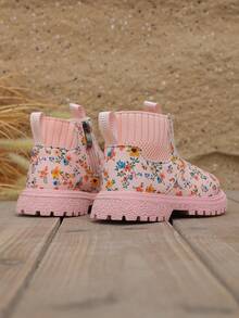 1 Pair New Soft Sole Non-Slip Baby Boots, Pastoral Pink Floral Pattern Children's Boots, Versatile Princess Short Boots For Little Girls - Pink - View 4