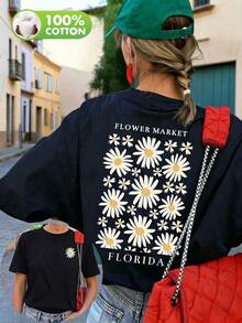 Women's Navy Blue "Florida Flower Market" Daisy Print Cotton Crew Neck Short Sleeve Casual T-Shirt, Spring/Summer/Autumn Vacation - Navy Blue - View 3