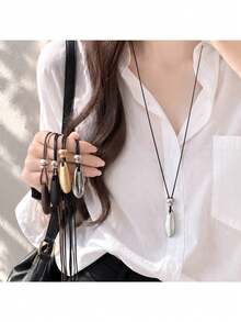1 dây chuyền dài mặt giọt nước bằng da mỏng thiết kế độc đáo, phong cách tối giản, có thể điều chỉnh, phụ kiện dây chuyền áo len cho mùa thu/đông - vòng cổ - Xem 5