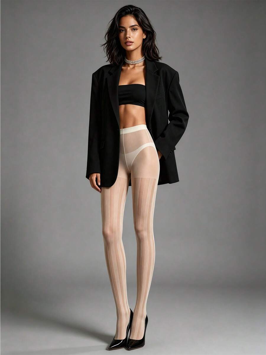 1pc Women's White Vertical Striped Tights, Soft Elastic Slim Fit Socks, Daily Wear - Multicolor - View 1