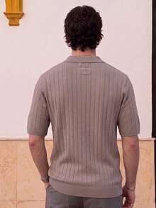 Lookun Men's Knitted Polo Shirt Short Sleeve Vertical Ribbed Italian Retro Half-Zip Luxury Casual Knit Top Spring Summer - Brown - View 5