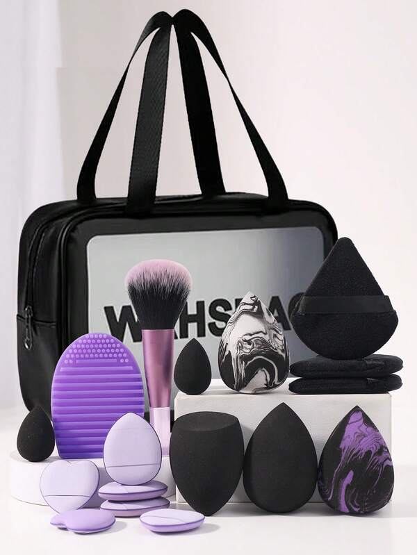 17 Pcs Makeup Tool Set With Medium Double Handle Cosmetic Bag, Includes Multi-Shape Makeup Sponges, Flocked Powder Puffs, Silicone Cleaning Pad, Makeup Brush, Complete Portable Beauty Kit For Daily Makeup & Travel Use