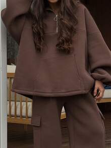 NOIRLYN Women's Basic Casual Half-Zip Stand Collar Sweatshirt, Loose Fit Kangaroo Pocket Long Sleeve Pullover Top, Autumn/Winter - Brown - View 1
