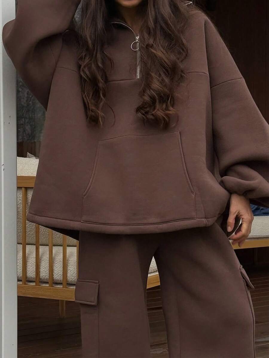 NOIRLYN Women's Basic Casual Half-Zip Stand Collar Sweatshirt, Loose Fit Kangaroo Pocket Long Sleeve Pullover Top, Autumn/Winter - Brown - View 1