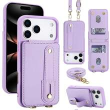 OUKNOEO 時尚人造皮革斜背手機包，相容 iPhone 18 17e Air 16e 15 14 13 Pro Max Plus S26 S25 Edge S24 Ultra A37 A57 Z Fold 7 6 5 4，附手腕帶與長掛繩 - 紫色 - 查看 76