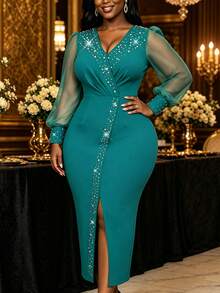 AOMEI Women's Elegant Luxury V-Neck Sheer Long Sleeve Pearl Embellished Fitted Slit Dress, Exuding Charming Allure Fall Wedding Party - Mint Green - View 6