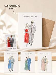 Custom Line Art Portrait Wedding Card, Personalized Sketch Couple Drawing Greeting Card With Custom Photo & Text. Elegant Minimalist Hand-Drawn Illustration, Ideal For Wedding Invitations, Anniversary Gifts And Wedding Day Keepsakes For Couples. - Multicolor - View 1