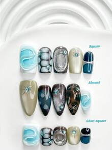 10片冷色調航海風手工穿戴甲，Polygel美甲套組，藍色水鑽裝飾，藍白配色，平價奢華風，附美甲工具，3種尺寸可選：方形、短方形、杏仁形，適合派對、跳舞、日常配戴 - 彩色 - 查看 1