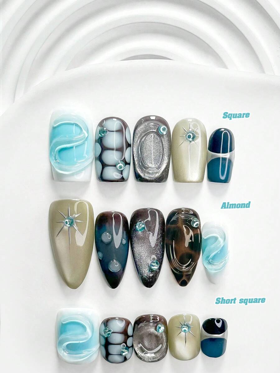 10片冷色調航海風手工穿戴甲,Polygel美甲套組,藍色水鑽裝飾,藍白配色,平價奢華風,附美甲工具,3種尺寸可選:方形、短方形、杏仁形,適合派對、跳舞、日常配戴 - 彩色 - 查看 1