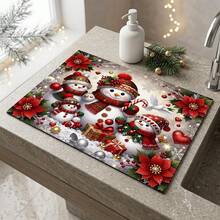 1pc Christmas Snowman Pattern Dish Drying Mat, Coffee Machine Mat, Holiday Atmosphere, Suitable For Christmas Table, Kitchen And Other Scenes, Beautiful And Practical Absorbent Mat, Multi-Purpose Drainage Mat, Home Gift, Desktop Decoration - XYLSD-848 - View 3