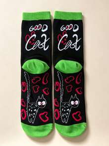 1 Pair, Multiple Style Options, Women's Fun Black Cat Pattern Crew Socks, Vintage Street Style Letter Print Mid-Calf Socks, Y2K Punk Neon Green Ankle Casual Fashion Socks, Novel Daily Wear Socks - Multicolor - View 9