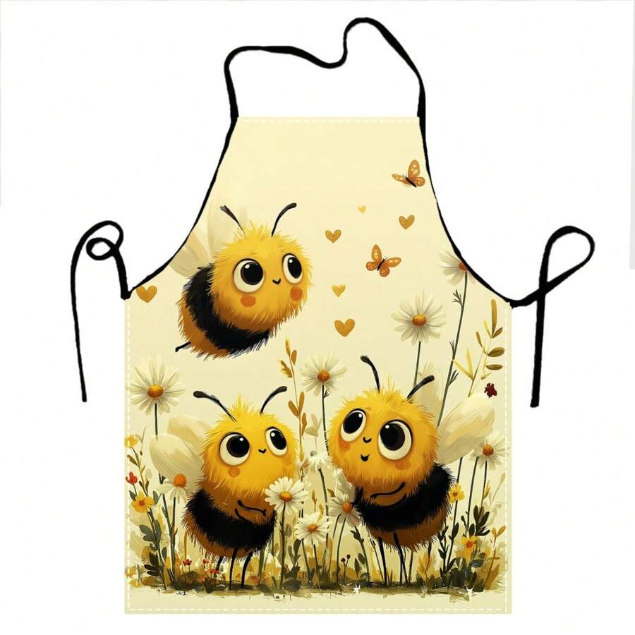 Cute Bees And Flowers Kitchen Apron Cooking Apron Baking Accessories For Men Women - White - View 1