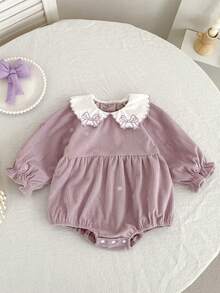 Spring/Autumn Baby Girl Long Sleeve Corduroy Triangle Romper With Bowknot, Peter Pan Collar And Embroidery - Mauve Purple - View 2