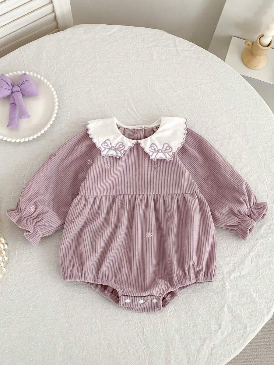 Spring/Autumn Baby Girl Long Sleeve Corduroy Triangle Romper With Bowknot, Peter Pan Collar And Embroidery