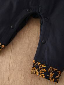 Vintage Floral Gentleman Style Baby Boy Jumpsuit, Gold Foil Pattern Lapel Snap Button Infant Wear - Multicolor - View 5