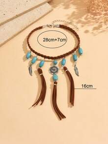 1 pieza Cadena de brazo con colgante redondo de estilo vaquero occidental vintage, de ante marrón con cuerda, borla de turquesa azul y adorno de plumas, joyería de mano personalizada y de moda para mujer, adecuada para uso diario, citas, vacaciones y fiestas - Multicolor - Ver 4