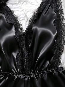 Women's Sexy Lingerie Cross Strap Deep V Open Crotch Jumpsuit Comfortable Satin Elegant Cute Sexy Teddy Home & Outdoor Wear - Black - View 4