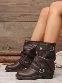 Factory Direct Women's Fashion Versatile Ruched Stacked Slip-On Ankle Boots Plus Size Boots - Brown - View 1