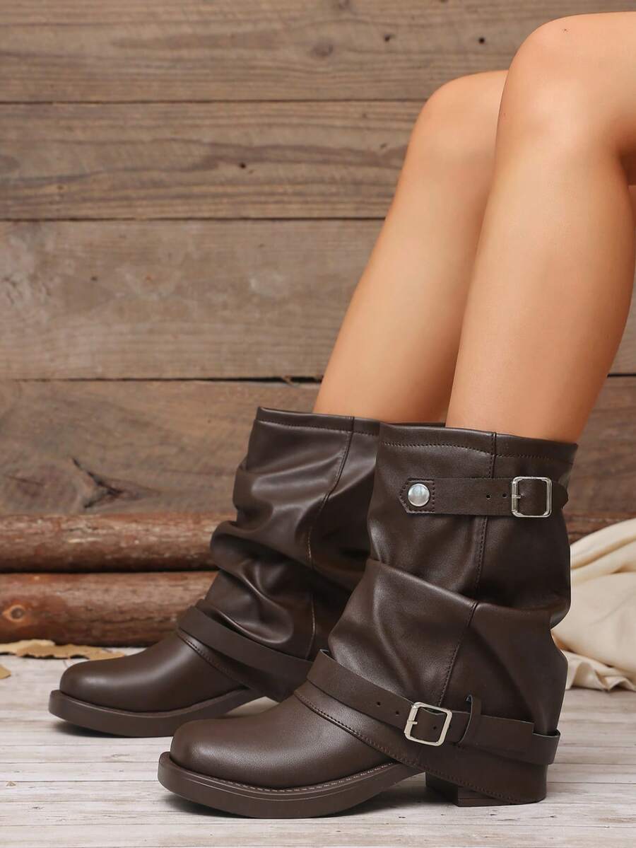 Factory Direct Women's Fashion Versatile Ruched Stacked Slip-On Ankle Boots Plus Size Boots - Brown - View 1