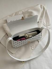 1pc White Polka Dot PU Baguette Shoulder Bag For Women - White - View 6