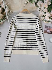 Autumn Striped Polo Collar Knit Cardigan, Exquisite Metal Gold Button Design, Slim Fit Waist, Vintage Elegant Slimming Versatile Long Sleeve Top Fall - Black Apricot Stripes - View 9
