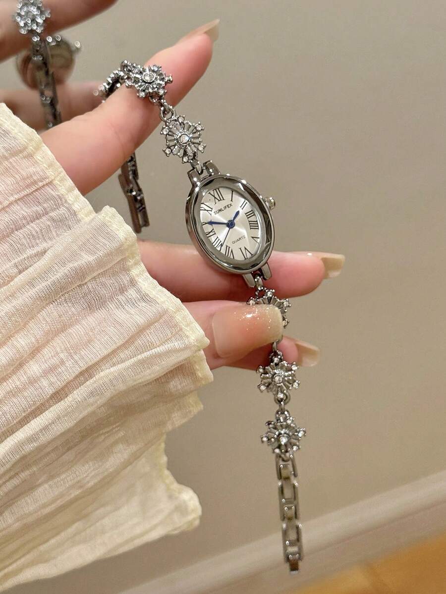 1件金色橢圓石英女錶，優雅時尚，適合日常配戴、生日畢業禮物、休閒聚會與宴會 - 銀色 - 查看 1