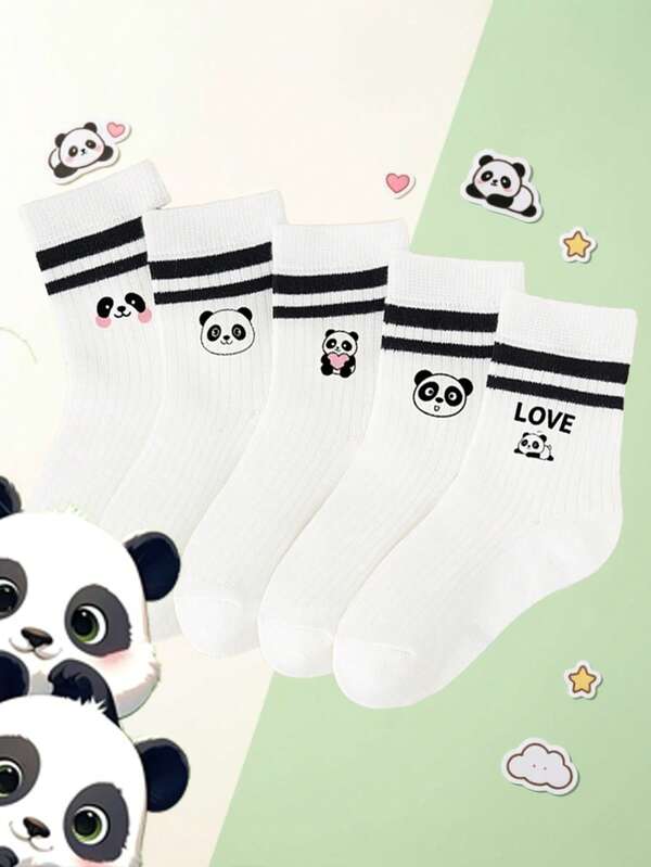 1/5 Pair Unisex Kids Cartoon Print Striped Mid-Calf Socks, Thin Breathable Spring/Summer School Sports Socks