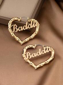 1 Pair Summer Vacation Vintage Gold Bamboo Knot Heart Hollow English Letter Hoop Earrings For Women - Yellow Gold - View 2
