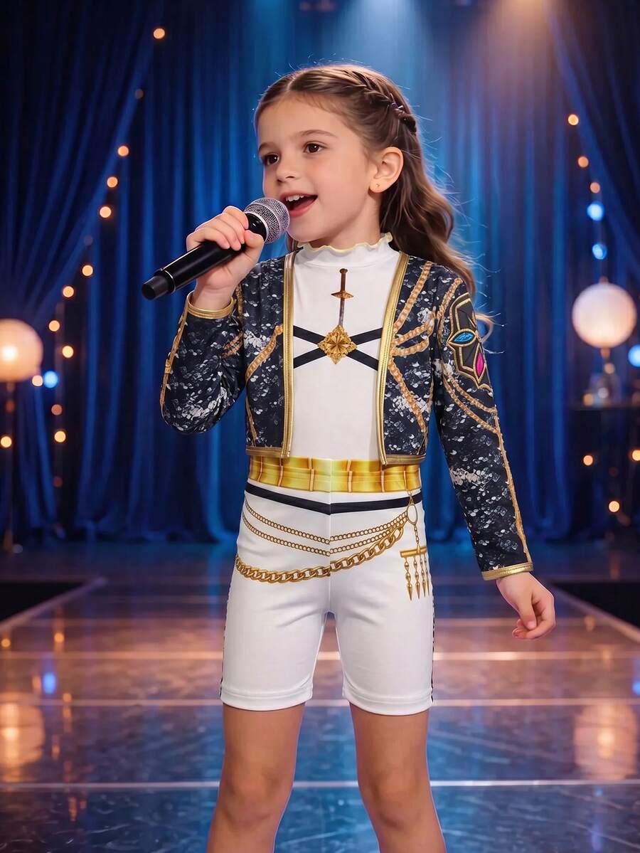 Girls' Halloween & Christmas Costume Shiny Stage Performance Set, Simple Tank Top + Korean Style Fantasy Anime Short Jacket + Shorts, Fashion 3-Piece Set