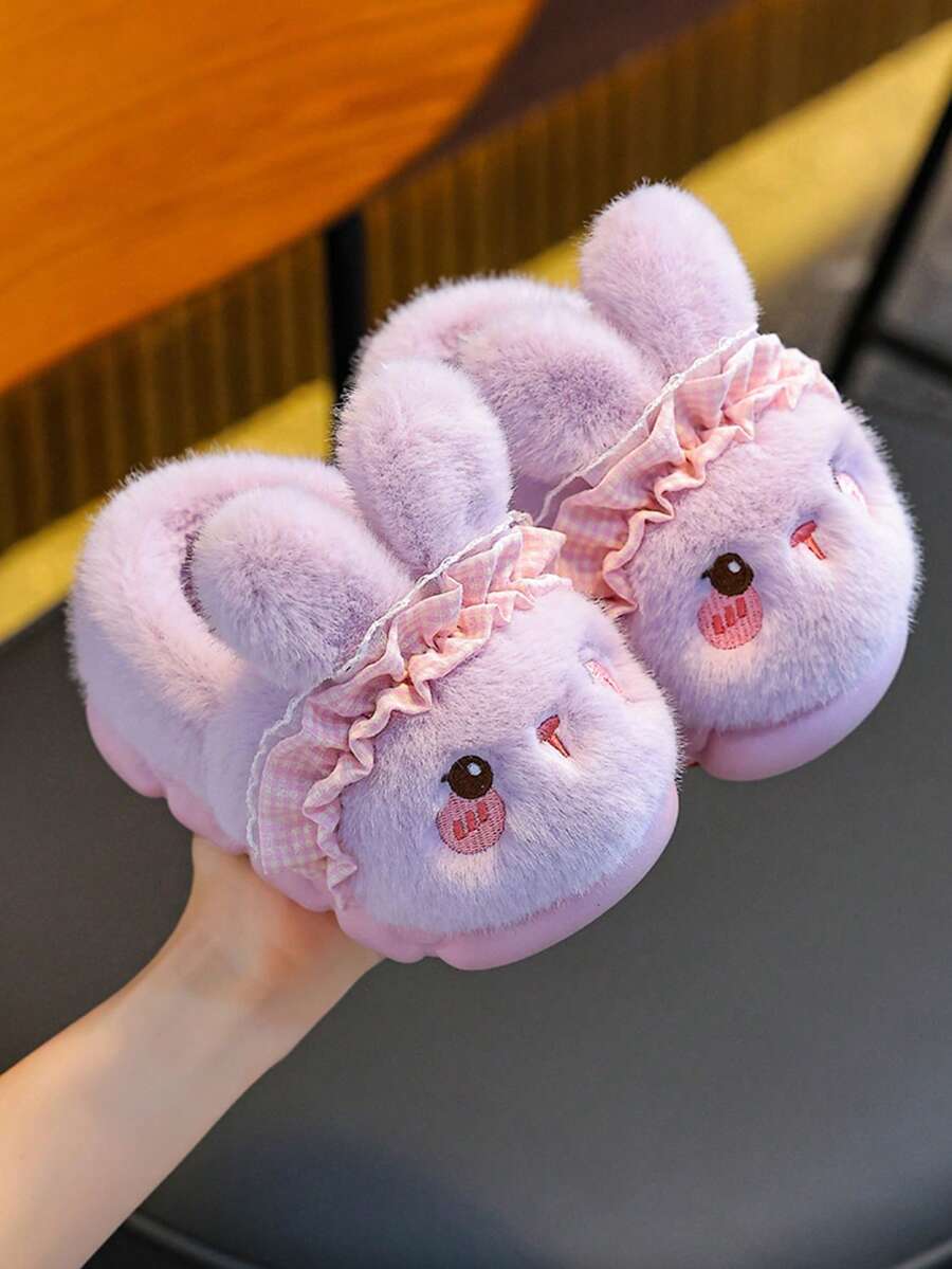 1 Pair Cute Rabbit Kids Fuzzy Slippers For Girls, Closed Heel, Warm Winter Cartoon Non-Slip Indoor Baby Plush Shoes - Purple - View 1