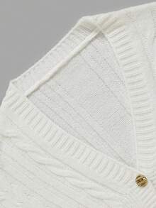 Women Autumn White V Neck Cable Knit Cardigan Gold Button Long Sleeve Loose Cropped Casual Going Out Tops - White - View 4
