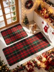 1pc Christmas Red & Green Plaid Kitchen Mat, Kitchen Rug, Door Mat, Runner Rug, Area Rug, Christmas Carpet - Multicolor - View 3