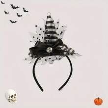 1pc Halloween Theme Black Polka Dot Mesh Striped Ribbon Bow, With Diamond-Tipped Witch Hat Headband, Suitable For Party Celebration And Costume Performance - Witch Hat Styles - View 2