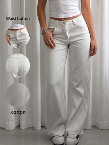 High-Waisted Straight Leg Jeans, Loose Wide Leg Jeans, Ankle Length Casual Cotton Pants, Suitable For Office, Outdoor, Work, White Trousers Spring ,Petite Women - White - View 10