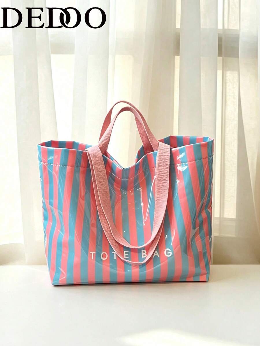 Dedoo Tote Bag Student Backpack, Vertical Stripes, Glossy Waterproof, Printed Letters, Large Capacity, Suitable For College Girls' Daily Casual Use - Blue - View 1