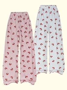 2 Pieces Of Soft And Comfortable Cherry Print Striped Sleepwear For Girls, Elastic Waist Wide Leg Pants, Cute Casual Home Wear For Spring/Autumn - Multicolor - View 5