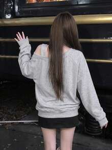 Loose Fit Niche Cold Shoulder Korean Style Sweatshirt - Grey - View 5