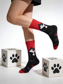 1/2/5 Pairs Women's Red Cat Mid-Calf Socks, Fashionable Unique Niche Soft Comfortable Cartoon Design For Daily Wear - Multicolor - View 3