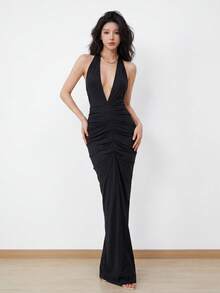 Top Dazzle Sexy Black Halter Neck Maxi Dress With Deep V, Sleeveless Knitted Floor-Length Gown For Women's Parties - Black - View 1